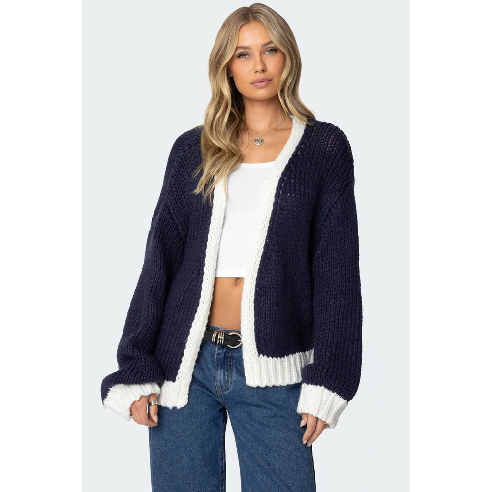 Edikted Women's Contrast Chunky Knit Cardigan Navy Cream M/L Preppy Oversized